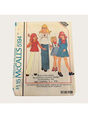 Vintage 1970s McCalls Sewing Pattern 5194 Girls Dress Jumper Top Pants Size 4